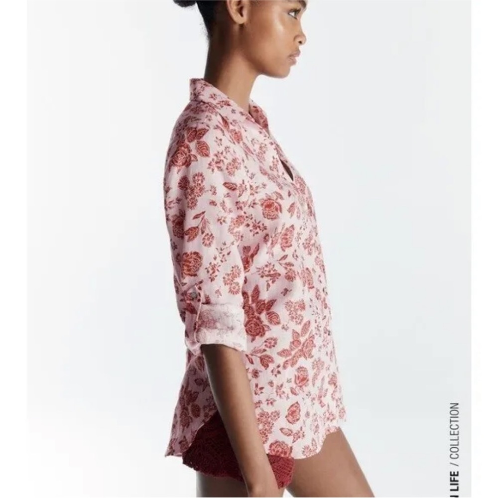 Zara Button Down Long Sleeve Floral Linen Size Small - Picture 4 of 9
